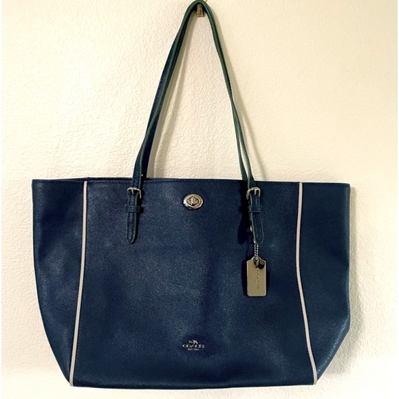 Coach Turnlock Tote in Edgestain Leather Mineral Blue Navy - Picture 4 of 13